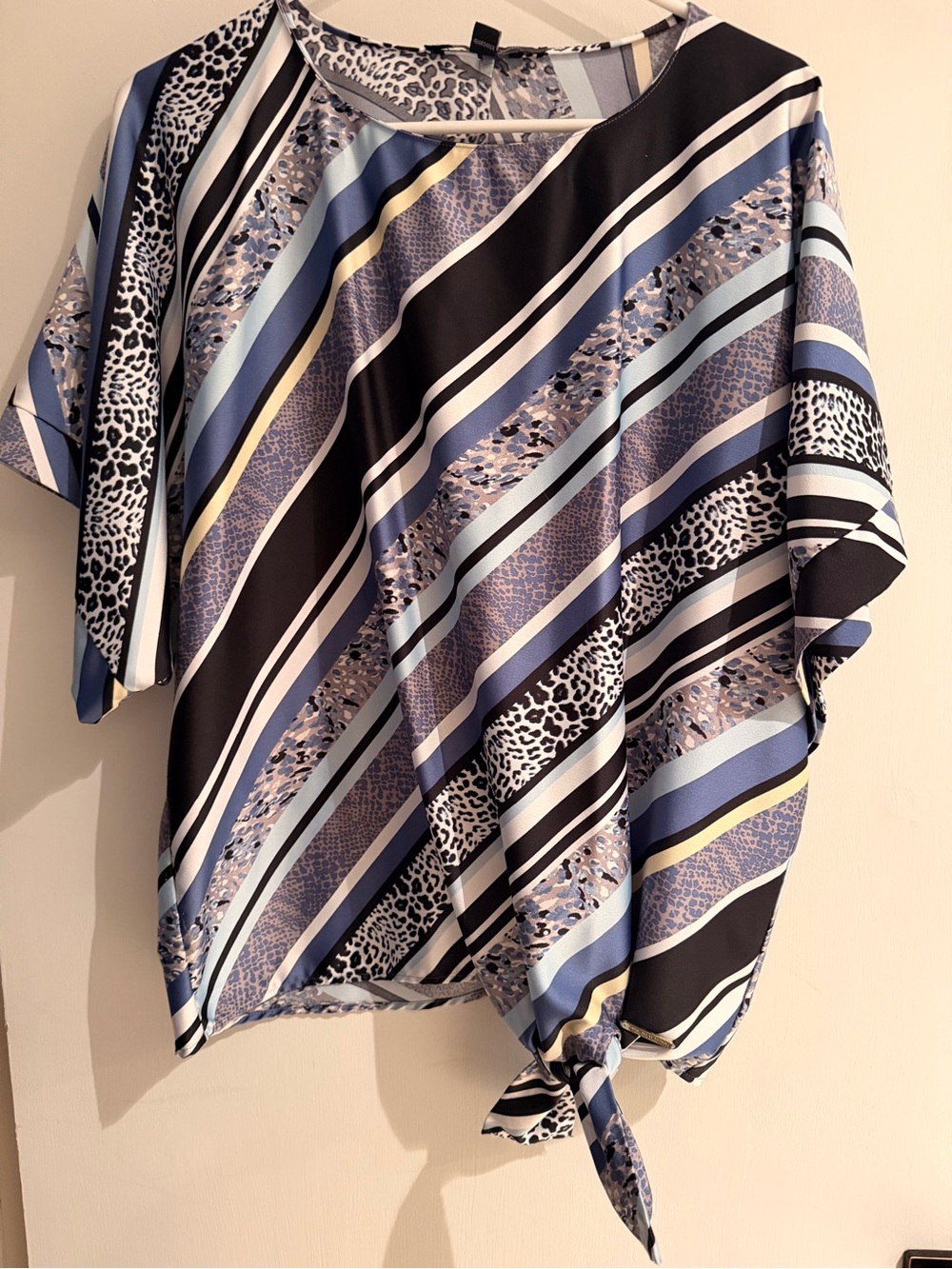 Marc New York Diagonal Stripe & Animal-Accent Tie-Hem Blouse in Blue and Black